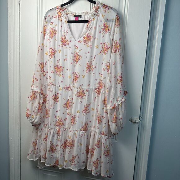 Vince Camuto Mini Dress Womens XXL White Floral Ruffle Cottage Lined V-Neck Plus - Picture 1 of 9